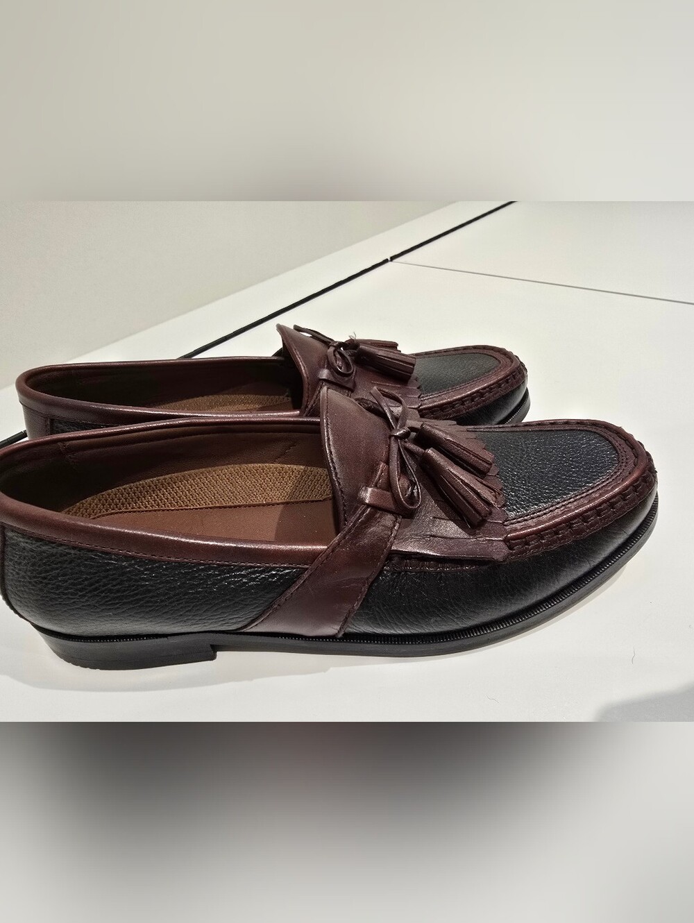 Johnston & Murphy Black and Dark Brown Leather Tassel Loafers